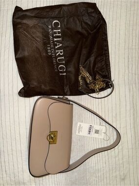 Beige Italian Leather Shoulder Bag with Gold Hardware